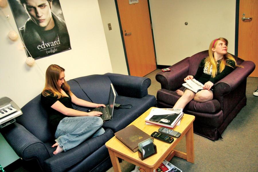 Feb. 6, 2009. carrollton hall roommates Chelsea Ormon, business management sophomore, and music industry sophomore Bethany Wilde do homework in their residence suite.