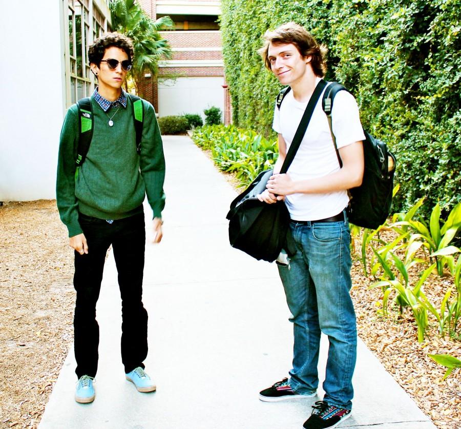 Loyola students Patrick DeHoyos and Thomas Eisenhood pose for a photo in the alleyway outside of the Orleans Room. DeHoyos is dressed as a hipster and Eisenhood is dressed normally. The hipster culture is a prominent part of college life at Loyola.