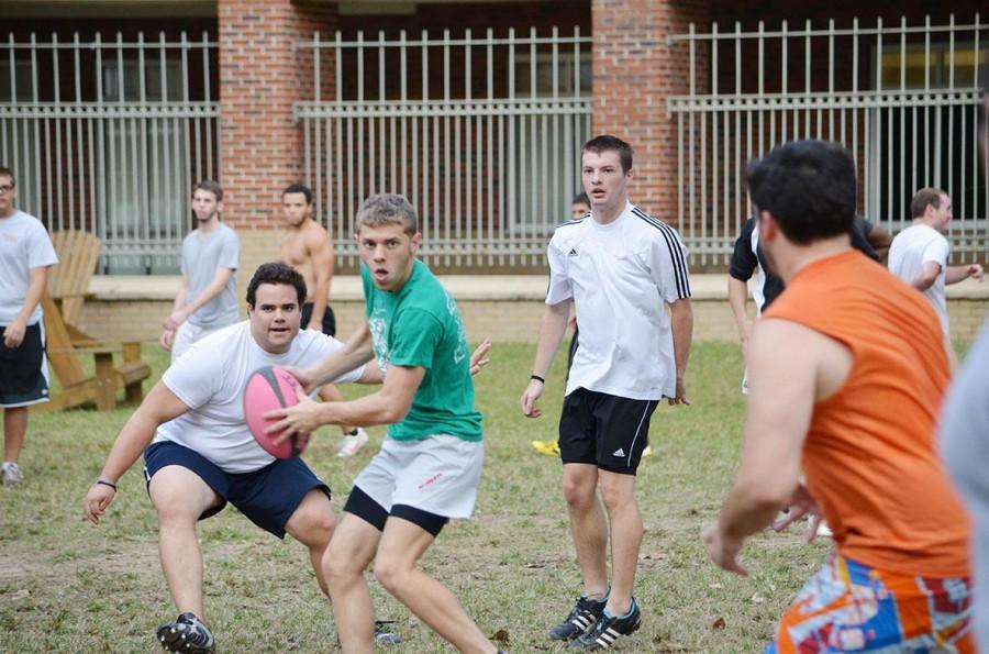 The rugby team practices in the res quad after dominating South Alabama. The rugby team beat South Alabama 56 to 5 in its first game.