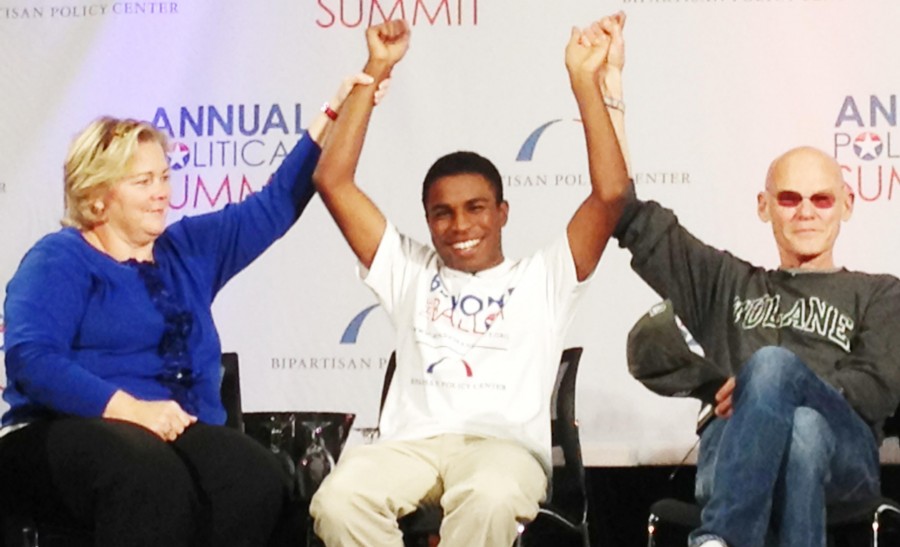 Political consultant and Tulane professor James Carville, “The ragin Cajun,” and public affairs professional Kiki mcLean with public relations senior Dwayne fontenette onstage during the entergy Lightening round of the bipartisan Policy Center’s fourth annual summit. Dwayne was one of over 20 student ambassadors.