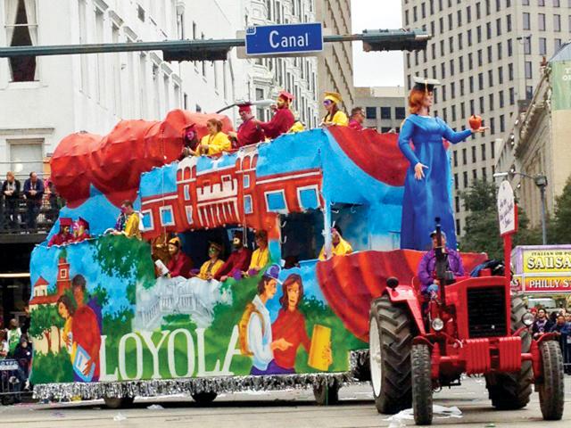 Loyola’s centennial float rolled in the Krewe of Tucks parade on the Saturday before Mardi Gras. The float, which featured Loyola-themed art, honored the university’s 100-year anniversary.