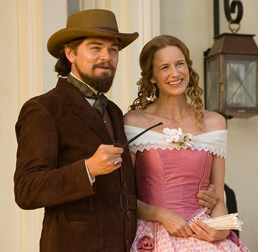 Actress Laura Cayouette on the set of “Django Unchained” with Leonardo Dicaprio. Cayouette played Dicaprio’s sister Lara Lee in the film about a slave who becomes a bounty hunter.