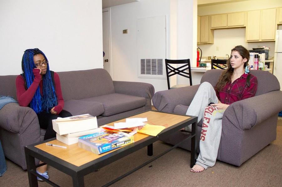Chantel Jackson, English writing junior, and her suitemate Taylor Copeland, mass communication sophomore, live in a Privateer Place apartment with two empty suites. 