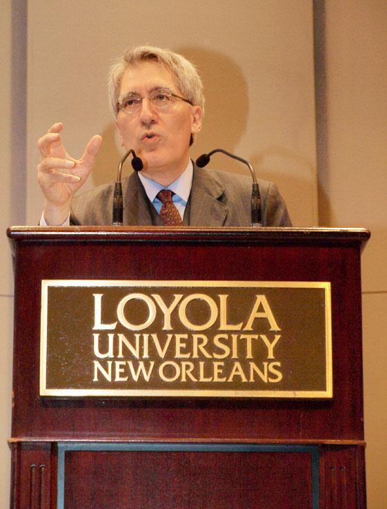 Robert P. George giving his lecture in the Roussel Performance Hall Wednesday, March 6. George’s lecture, titled “Five Pillars of a Decent and Dynamic Society,” discussed treating the poor and families with respect so that a society can flourish. 