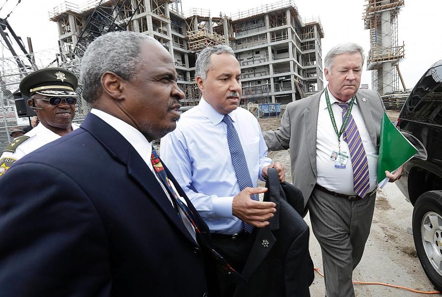 New Orleans Sheriff Marlin Gusman speaks to reporters after a news conference outside the construction site of new jail facilities in New Orleans, Thursday, April 4. The Sheriff’s management of the New Orleans prison has been brought to national attention after a video of prisoners was publicized.