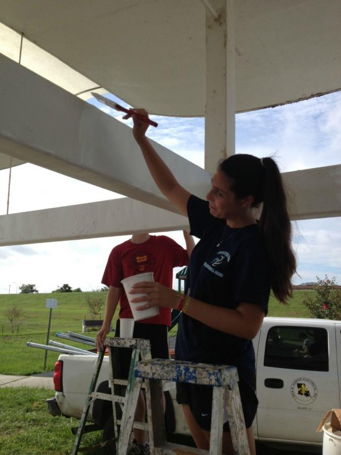 Spark 2013 participant Natalia Diaz, psychology freshman, helps to paint a shelter on Lakeshore Drive. The shelter has remained vacant since it was damaged during Hurricane Katrina.