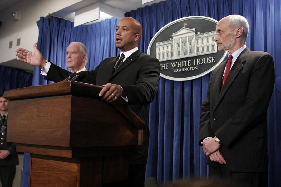 Former New Orleans Mayor Ray Nagin, with Secretary of Homeland Security Michael Chertoff, right, and Don Powell, Chairman of the U.S. Federal Deposit Insurance Corporation at a White House press conference in 2005.