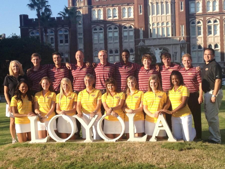 The mens and womens golf teams pose together for a photo.  The newly-added mens team will compete in the spring semester