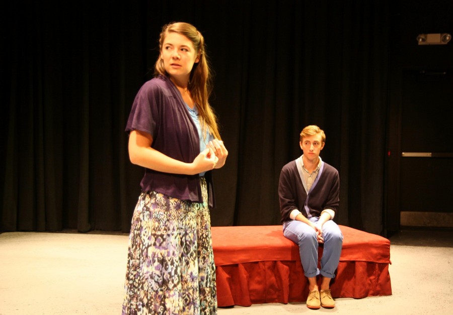 Theatre arts senior Natalie Jones and mass communication senior Blaine Simon practice in the Lower Depths Theater before “Patient A” opens this weekend. The play runs from Sept. 27-29 and from Oct. 3-5.