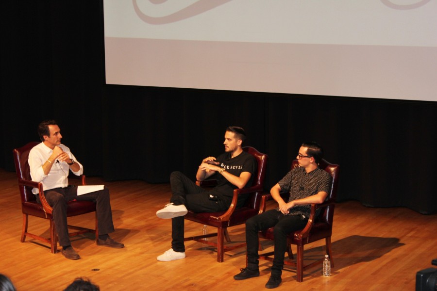 Gerald Gillum (left), A’11, and Matt Bauerschmidt (right), A’10, talk to a room of Loyola music industry students. On Sept. 16 in Nunemaker Hall, the pair spoke as a part of the music industry program’s weekly forum.