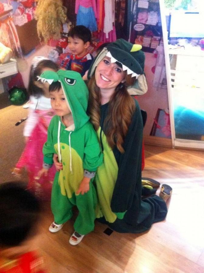 Katy Ruckstuhl with one of her students on Halloween. Ruckstuhl teaches preschool in Busan, Korea.