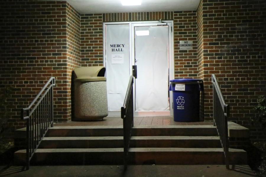 The LaSalle Street entrance of Mercy Hall was closed off from the public on Sunday, Dec. 15. Inside, Loyola employees waited overnight for the opportunity to participate in the voluntary severance program.