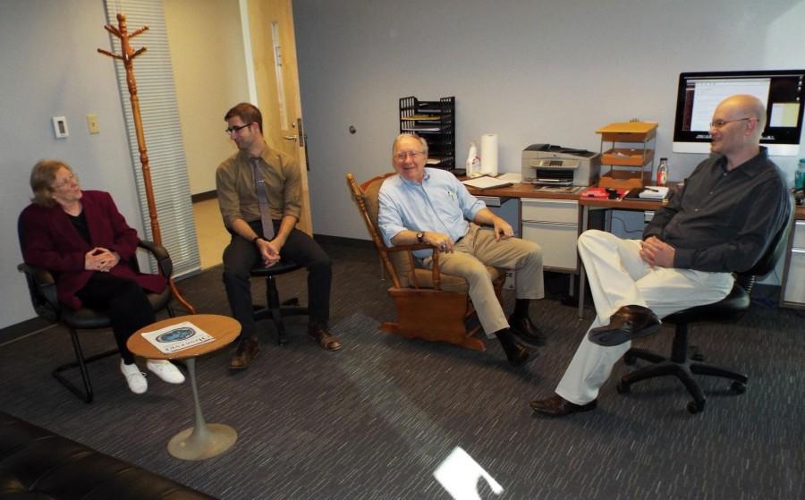 (From left to right) Mary Brazier, associate professor of psychology; Kendall Eskine, assistant professor of psychology; Glenn Hymel, professor of psychology and Lawrence Lewis, associate professor of psychology, share a special bond. Hymel taught Eskine, Brazier and Lewis. In addition, Brazier taught Lewis and Lewis taught Eskine. 