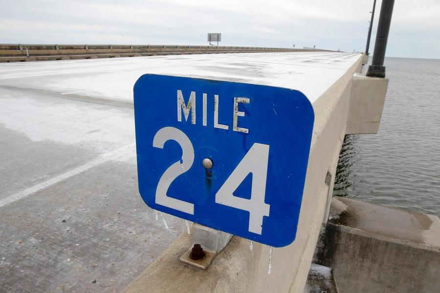 The Lake Pontchartrain Causeway remains closed and covered in ice, Wednesday, Jan. 29, 2014, as temperatures in the south region remained below freezing in New Orleans. The 20-mile long bridge is a major commuting artery linking New Orleans with her northern suburbs.