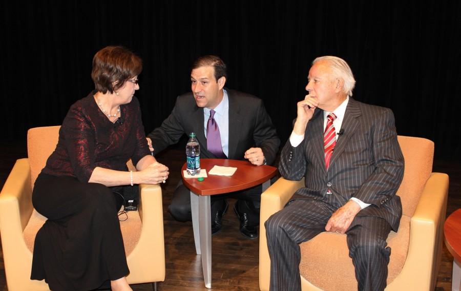 Loyola Director of Government Relations Tommy Screen chats with former governors Kathleen Blanco and Edwin Edwards before their forum in Roussel Hall. The forum addressed pressing Louisiana issues.