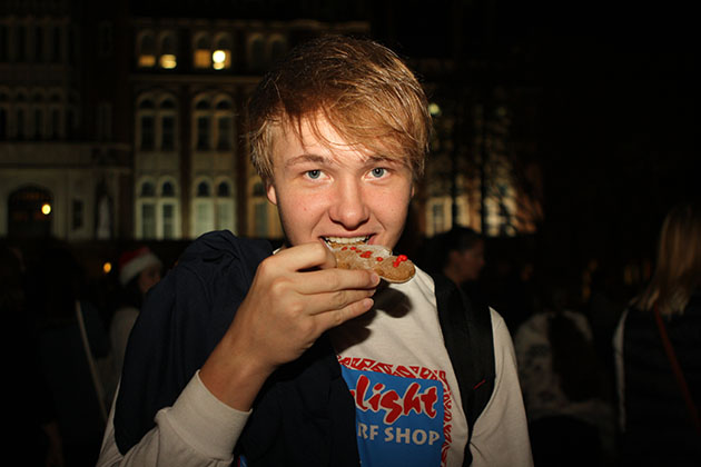 Andrew Eddins, physics freshman, caught biting into a gingerbread cookie.