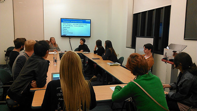 Students Advocating Gender Equality plan for the upcoming semester at their first meeting.  The club was disbanded in spring of 2014 and is now being re-established with a mix of old and new members.