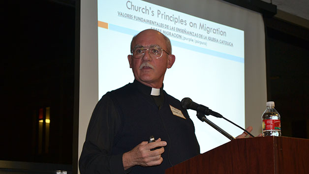 Fr. Fred Kammer, S.J, speaks about the Catholic Church’s principles on immigration at a JSRI sponsored teach-in.
