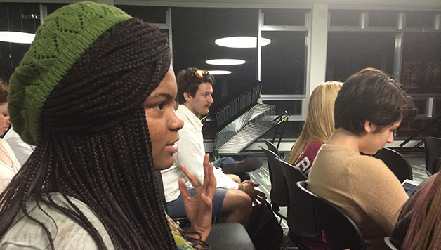 Michaela Brown, psychology senior, asks a question at the sexual assault panel on Feb. 9.  The panel was hosted by Students Against Sexual Assault, the Intrafraternity Council and the New Orleans Family Justice Center.