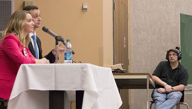 The presidential candidates, Allison Rogers and Nate Ryther, debating.