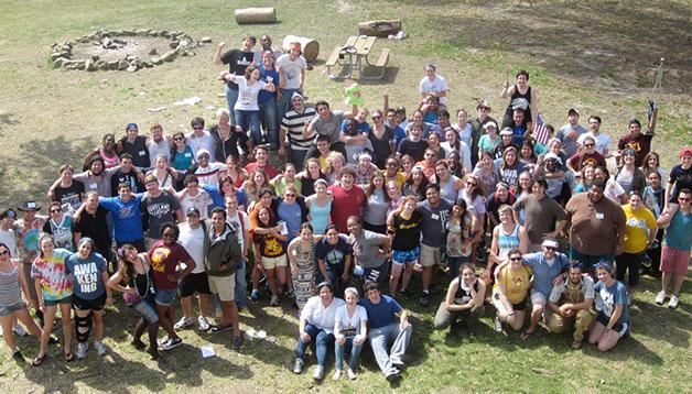 Students take a group picture at a previous Awakening retreat. This retreat is held one time during both spring and fall semesters and is open to students of all faiths. 