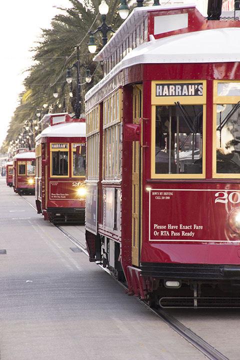 Streetcars line up on Canal Street ‘s downtown track. A new streetcar route planned to run along Rampart Street is currently in the works.