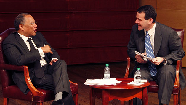 Dean Baquet, executive editor of The New York Times, and Lee Zurik, WVUE news reporter, laugh together at Baquet’s presentation on March 16.  Baquet gave a short speech and answered audience questions at “From the Big Easy to the Big Apple: An Evening with Dean Baquet,” hosted by Loyola’s Institute of Politics.