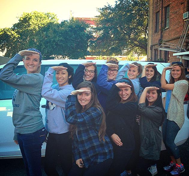 Members of Delta Gamma sorority take a picture after serving with the Hunger Relief program.  This LUCAP project gives students a chance to make a difference in the lives of homeless people in the city. 