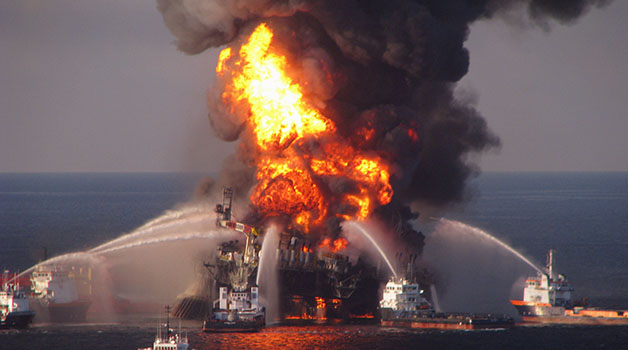 Fire boat response crews put out the fire on the BP Deepwater Horizon offshore oil rig on April 20, 2010.