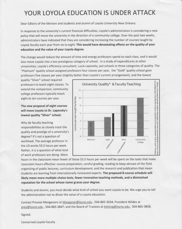 This letter from an unconfirmed source was distributed around campus raising concerns about faculty course load.