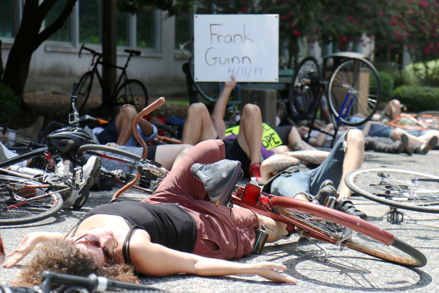 Cyclists prostrate themselves in front of City Hall as part of a die-in protest on July 23. This protest was part of a call for bicycle-friendly laws and infrastructure in the city of New Orleans and an overall awareness of cyclists' rights on the road. 