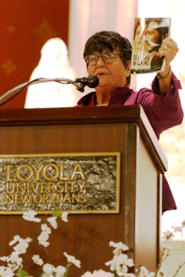 Sister Helen Prejean references her book, Dead Man Walking, during her talk at Holy Name of Jesus Church on November 16.  Prejean is a staunch opponent to capital punishment and has traveled the country advocating against it.