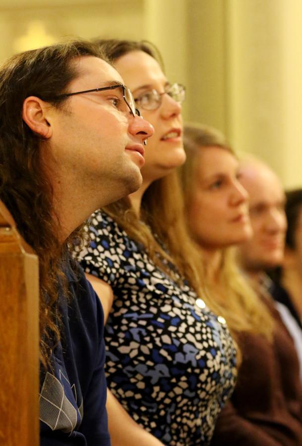 Jesse DAquin, a psychology junior, listens to Sister Helen Prejean speak at Holy Name of Jesus Church on November 16.  Prejean is a staunch opponent to capital punishment and has traveled the country advocating against it.