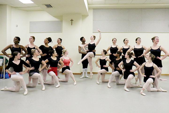Loyolas ballet class poses for a photograph before rehearsal for the Golden Jubilee of Dance. The event, which takes place in Roussell Hall on November 20 and 21, celebrates the 50th anniversary of Loyolas ballet program. Photo credit: Zach Brien