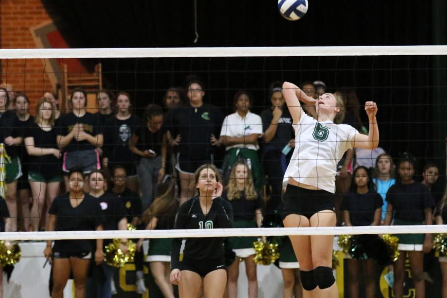 Allison Olsonoski, a senior at Benjamin Franklin High School, hits the ball at a match against Cabrini High School in New Orleans. Olosnoski has verbally committed to play volleyball at Villanova University in Pennsylvania. Photo credit: Zach Brien