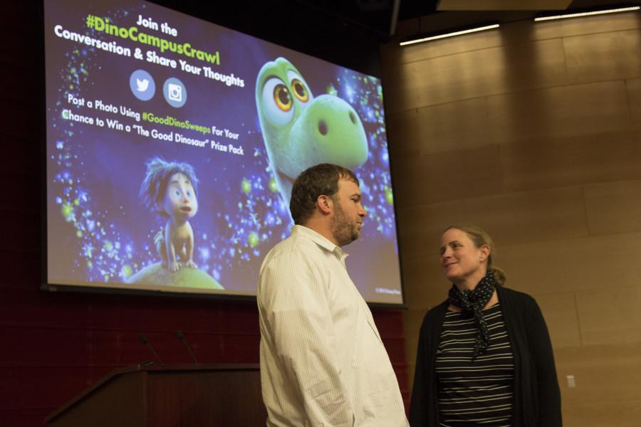 Michael OBrien, Disney Pixar artist, and Daniela Marx, design professor, talk before the Behind the Scenes Animation Presentation in Nunemaker Auditorium on Mon. Nov. 9, 2015.