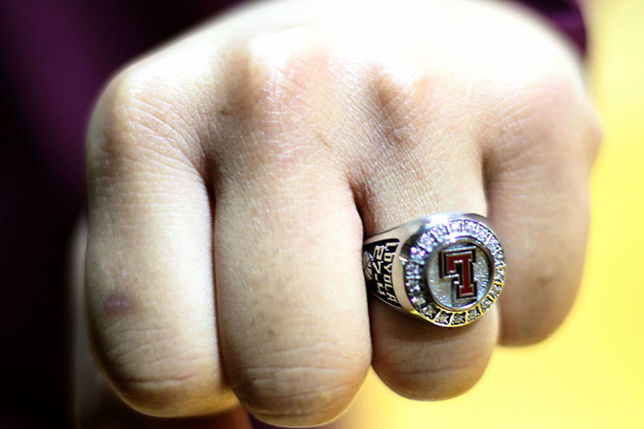 Zoie Miller, sophomore guard, shows off her ring. All members of the 2014-15 women's basketball team received rings commemorating their success.