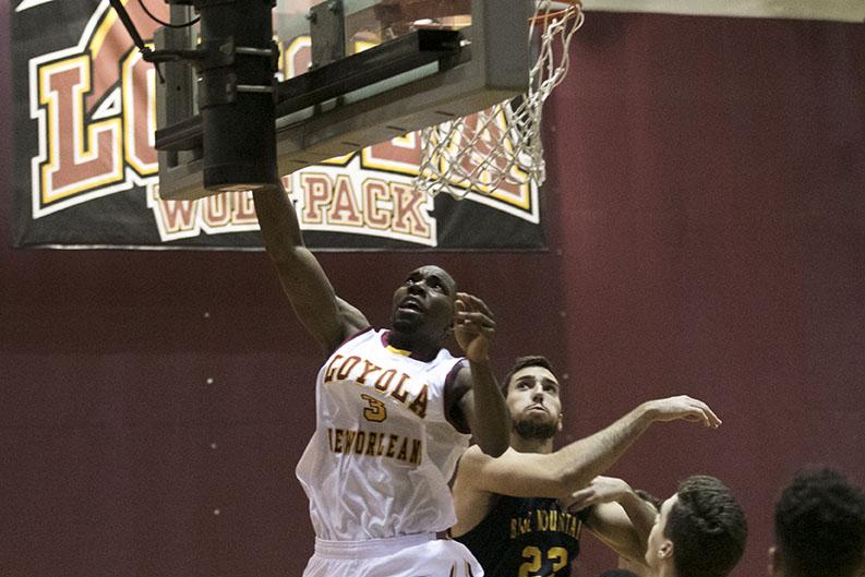 Loyola junior guard Johnny Griffin Jr. makes a layup in the first half against Blue Mountain College in the Den. Their 54-46 victory ends a two game losing skid, bringing their overall record to 8-8.