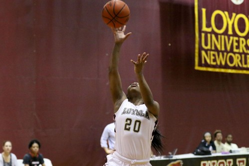 Kylah Jones, Loyola junior guard, drives down the court for a layup in the first half of their 63-50 victory over SSAC rival Martin Methodist University. Loyola improved their conference record to 12-2 and their overall record to 17-5.