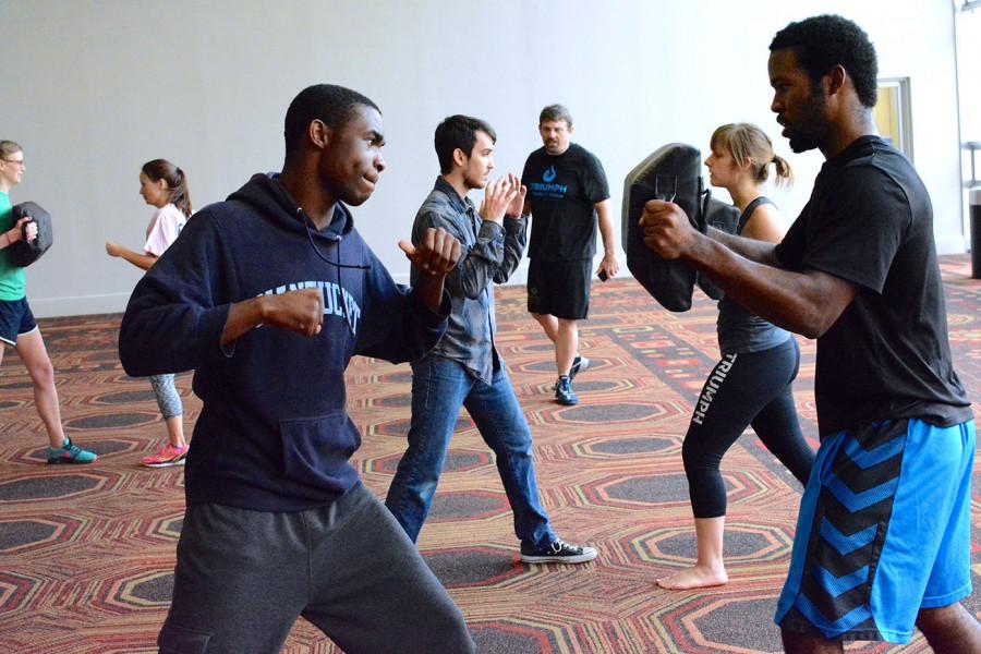 Raymond Price, mass communication junior, practices Krav Maga in the Danna Center. The Get Fit Pledge is a movement to help students get in shape and will last all semester.