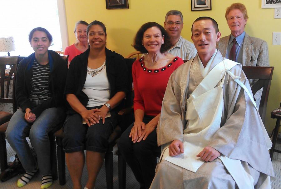 Sydney Smith, Leslie Rowland, June Smith, Yari Diaz, Scott Hanthorn, the Rev. Shingaku Kato and Tim O’Hara (left to right) gather for a Nichiren Shoshu general meeting on Sunday, Feb. 21. Kato presided over his first general meeting in New Orleans and plans to make a minimum of two visits per year to the area. Photo credit: Jamal Melancon