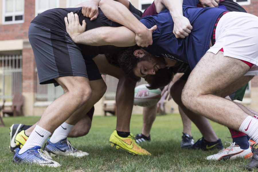 The Loyola rugby team practices a scrum during a team drill. The team will travel to Mississippi to take part in the Southern Mississippi 7’s tournament on Saturday, April 23.