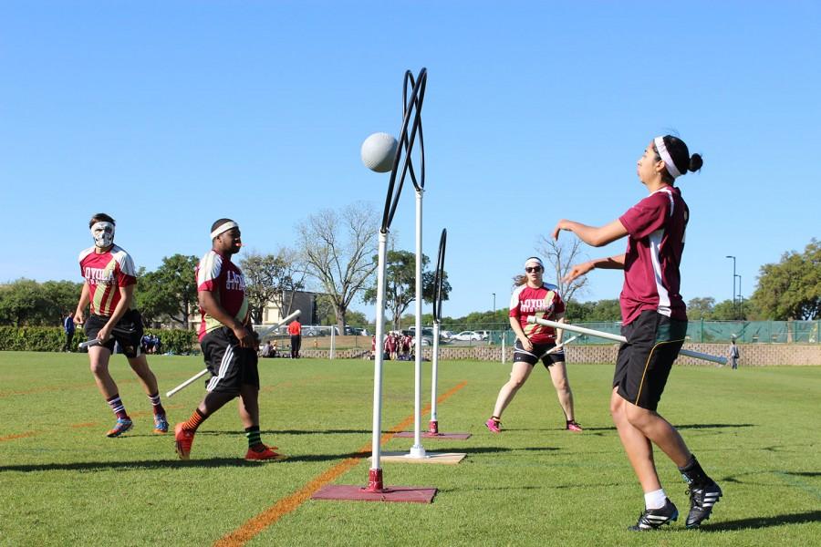 Eric Jurgeson, economics senior (left), Keevy Narcisse, history senior (center left), Caitlin Page, history senior (center right) and Valeria Carrera, foreign exchange student (right), practice drills before the team’s game. The Loyola quidditch team participated in the Consolation Cup tournament on April 2 to April 3 in San Marcos, Texas.
