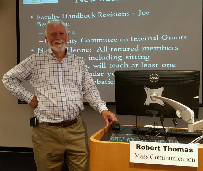 Bob Thomas leads his first meeting as chairman of the university senate on April 14, 2016. He previously served as vice chairman, but took over the leadership role after Jon Altschul, previous chairman, died in February. 