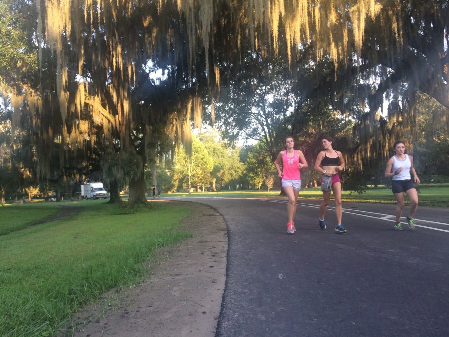 English sophomore Jordan Elissa, music freshman Tristin Sanders and biology sophomore Alma Guerra-Gonzalez run at cross country practice Aug. 24. The team has a new coach this year. Photo credit: Colleen Dulle