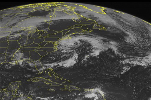 This NOAA satellite image taken Monday, Sept. 5, 2016, at 09:45 AM EDT shows post-tropical cyclone Hermine continuing to slowly move northwards towards southern New England, with the outer cloud bands making their way onshore. Hermine is expected to continually slowly move northeastward, with tropical storm warnings up for much of the southern New England coastline. Much of the eastern United States remains under high pressure and clear, although more thunderstorms are developing along the Gulf Coast. (Weather Underground via AP)