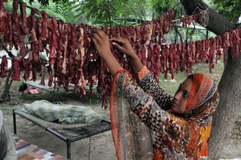 A Pakistani woman hangs strips of salted meat she collected from different places during the Muslims Eid al-Adha or Festival of Sacrifice, in Lahore, Pakistan, Wednesday, Sept. 14, 2016. Pakistanis are celebrating the Eid al-Adha, or the Feast of the Sacrifice, to mark the willingness of the Prophet Ibrahim -- Abraham to Christians and Jews -- to sacrifice his son. During the holiday Muslims slaughter sheep and cattle, distribute part of the meat to the poor. (AP Photo/K.M. Chaudary)