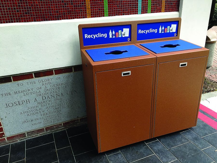 Two new recycling bins sit on the porch of the Danna Student Center.  The bins were installed across campus last week. Photo credit: India Yarborough