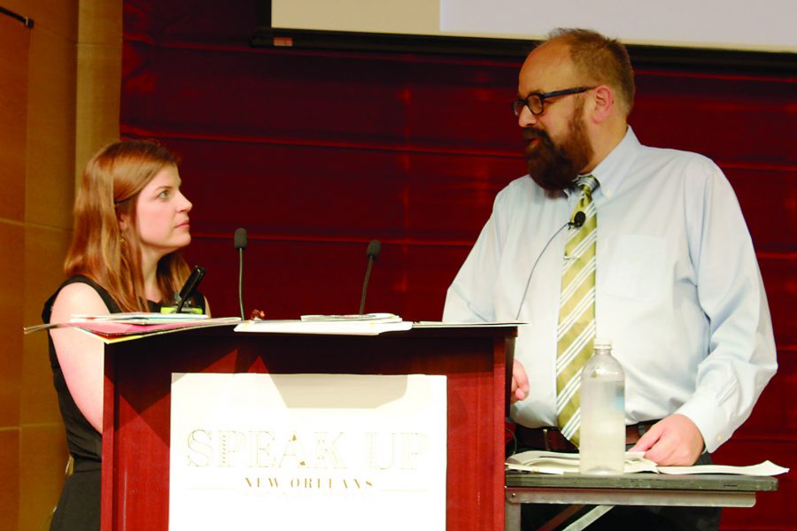 Lauren Saunders (left) and Shane Shanks (right) of the Zehno design firm presented their presentation Divine Inspiration in front of Loyola Design students on Oct.12 in Nunemaker Hall. They covered the topics of photography, editorial design, format, and graphic packages. Photo credit: Jamal Melancon