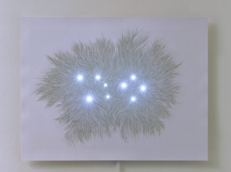 Morel created a typrography piece using conductive ink on paper, an LED and a circuit system. Her work was submitted in 2013 to be featured in productions for both the National Center for Cinema and the Le Quartier Art Center. (Courtesy of Morel)